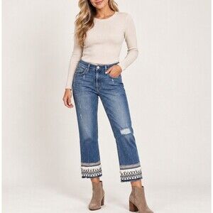 McGuire Jeans Womens 29 Embroidered Fringe Hem Distressed Straight Leg Denim